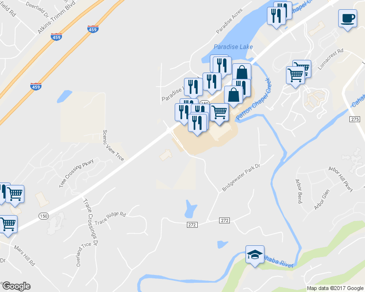map of restaurants, bars, coffee shops, grocery stores, and more near 1299 Cahaba River Estates in Birmingham