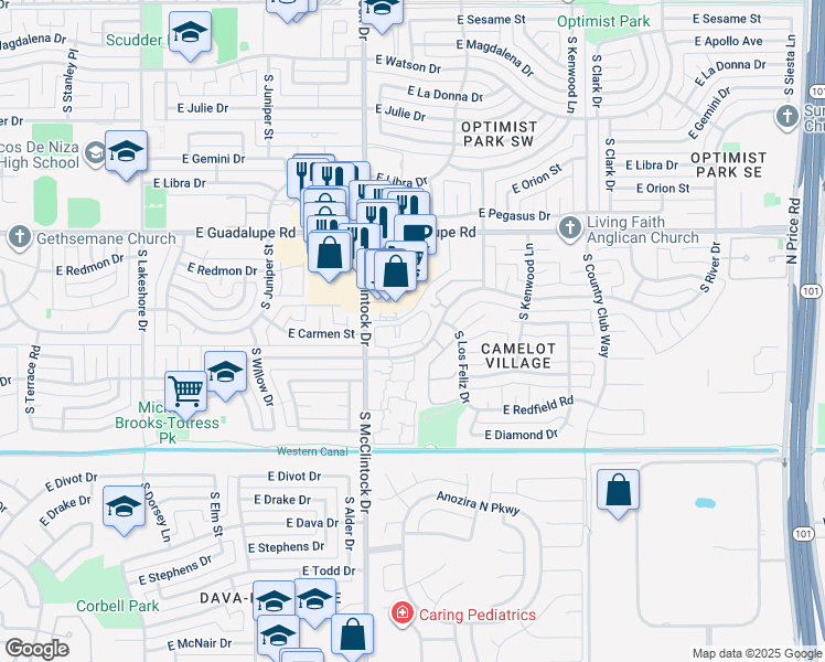 map of restaurants, bars, coffee shops, grocery stores, and more near 1820 East Bell De Mar Drive in Tempe
