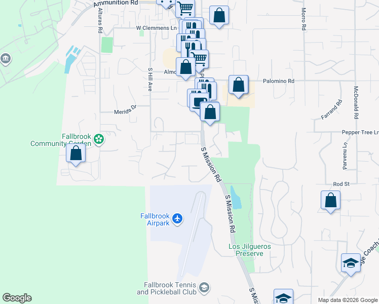 map of restaurants, bars, coffee shops, grocery stores, and more near 197 Mission Oaks Road in Fallbrook
