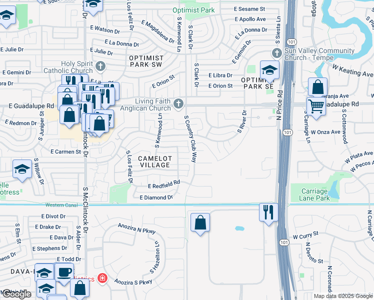map of restaurants, bars, coffee shops, grocery stores, and more near 952 East Lodge Drive in Tempe