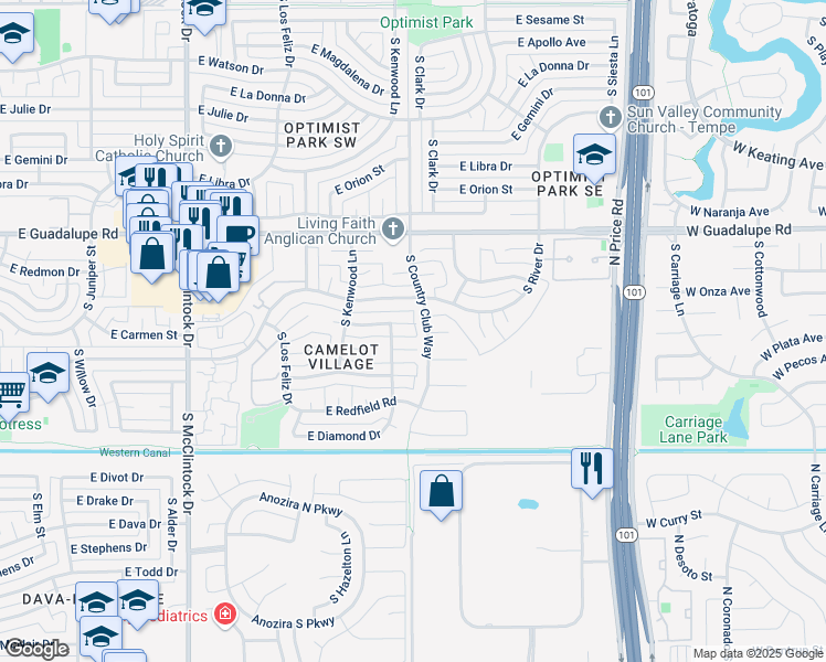 map of restaurants, bars, coffee shops, grocery stores, and more near 952 East Lodge Drive in Tempe