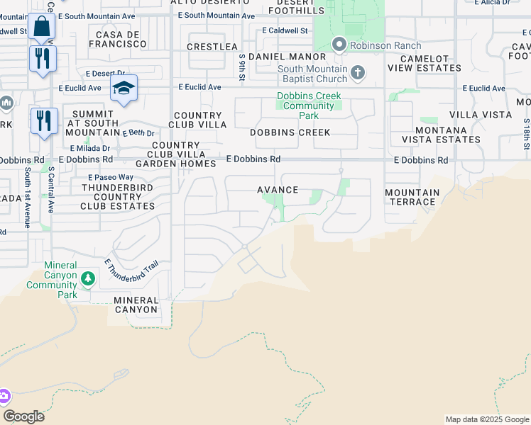 map of restaurants, bars, coffee shops, grocery stores, and more near 9518 South 10th Way in Phoenix