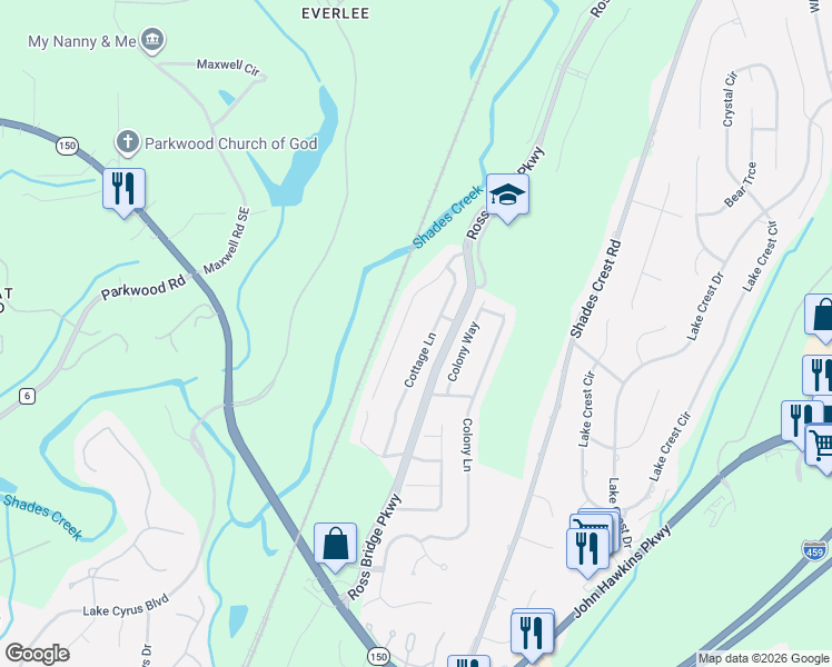 map of restaurants, bars, coffee shops, grocery stores, and more near 5339 Cottage Lane in Hoover