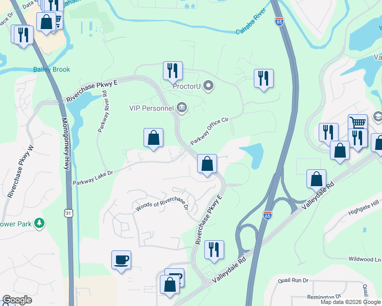 map of restaurants, bars, coffee shops, grocery stores, and more near 391 Riverchase Parkway East in Hoover