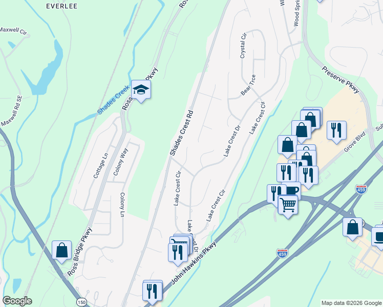 map of restaurants, bars, coffee shops, grocery stores, and more near 5024 Lake Crest Circle in Birmingham