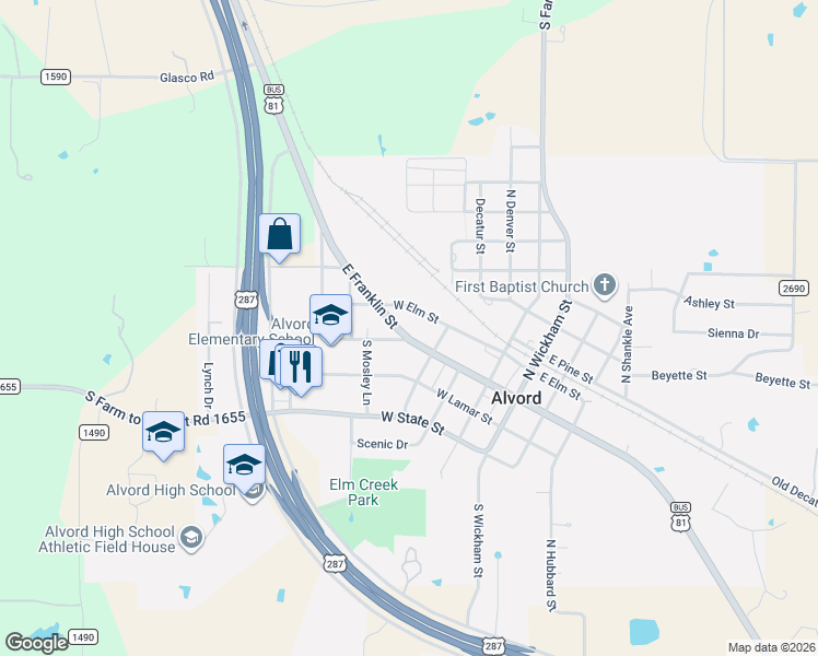 map of restaurants, bars, coffee shops, grocery stores, and more near 501 North Stadium Drive in Alvord