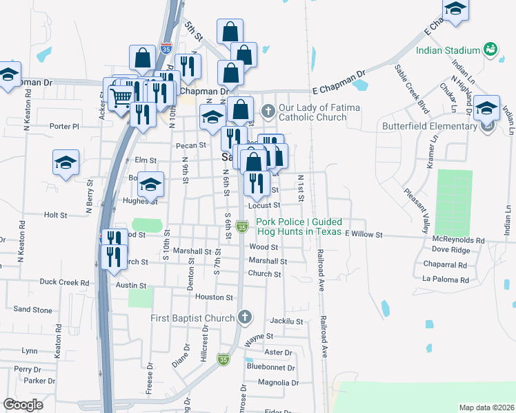 map of restaurants, bars, coffee shops, grocery stores, and more near 400 Locust Street in Sanger