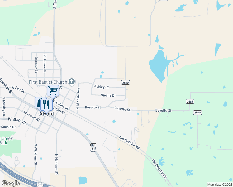map of restaurants, bars, coffee shops, grocery stores, and more near 216 Ashley Street in Alvord
