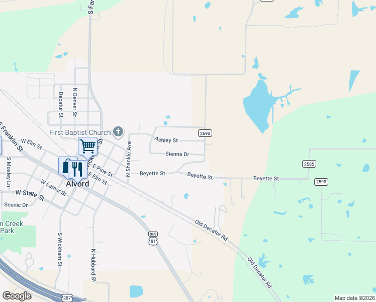 map of restaurants, bars, coffee shops, grocery stores, and more near 216 Ashley Street in Alvord