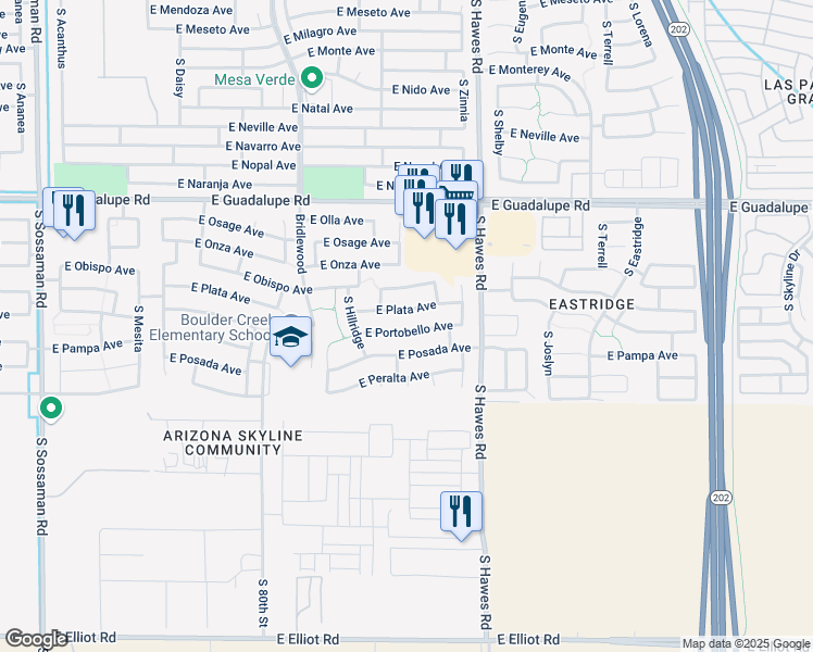 map of restaurants, bars, coffee shops, grocery stores, and more near 8266 East Posada Avenue in Mesa