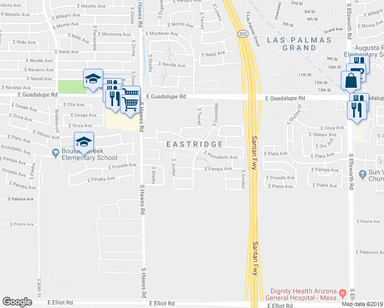 map of restaurants, bars, coffee shops, grocery stores, and more near 8540 East Pampa Circle in Mesa