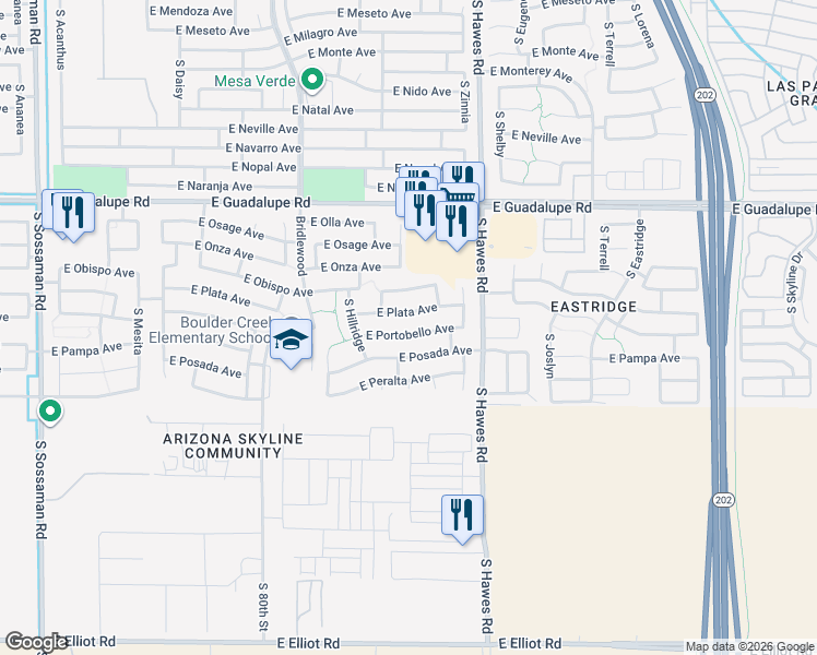 map of restaurants, bars, coffee shops, grocery stores, and more near 8266 East Posada Avenue in Mesa