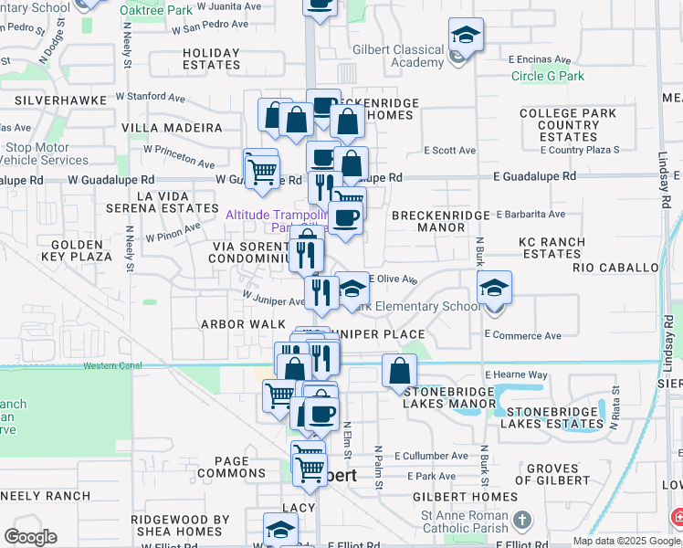 map of restaurants, bars, coffee shops, grocery stores, and more near 503 North Gilbert Road in Gilbert