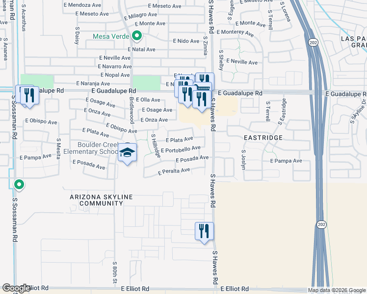 map of restaurants, bars, coffee shops, grocery stores, and more near 8252 East Portobello Avenue in Mesa