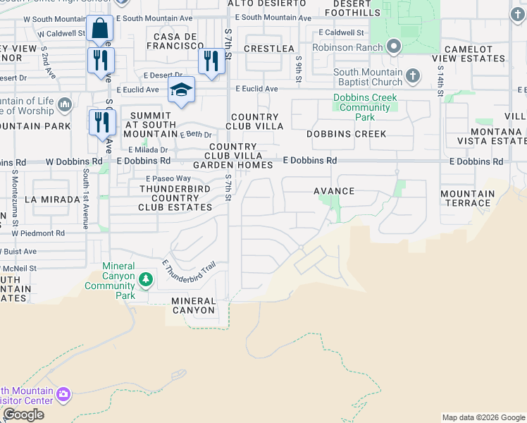 map of restaurants, bars, coffee shops, grocery stores, and more near 701 East Thunderbird Trail in Phoenix