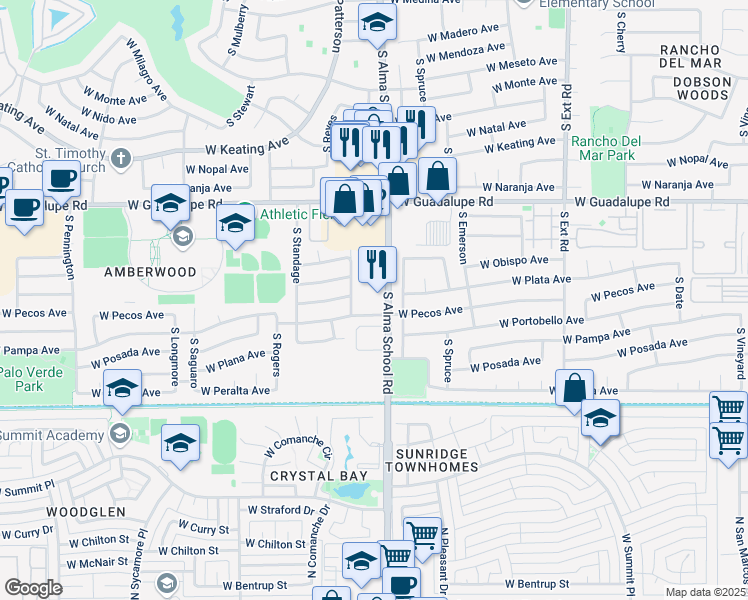 map of restaurants, bars, coffee shops, grocery stores, and more near 1209 West Pecos Avenue in Mesa
