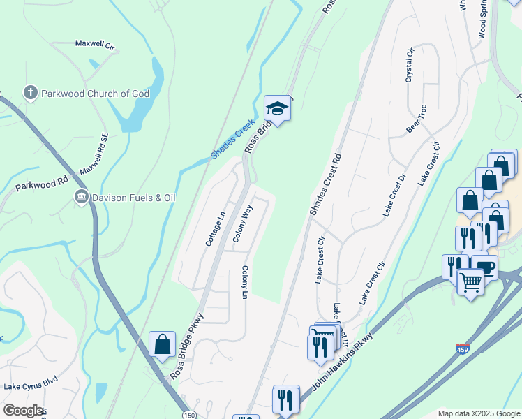 map of restaurants, bars, coffee shops, grocery stores, and more near 5529 Colony Lane in Birmingham