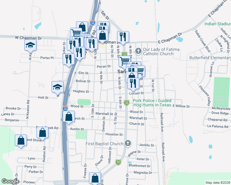 map of restaurants, bars, coffee shops, grocery stores, and more near 203 North 6th Street in Sanger