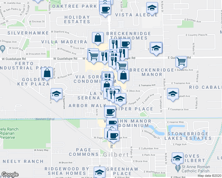 map of restaurants, bars, coffee shops, grocery stores, and more near 657 N Gilbert Rd in Gilbert