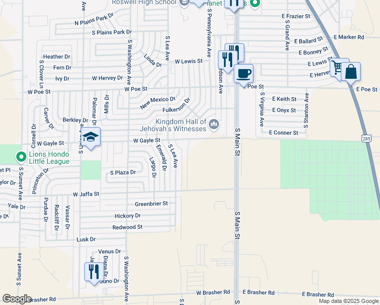 map of restaurants, bars, coffee shops, grocery stores, and more near 424-554 West Gayle Street in Roswell
