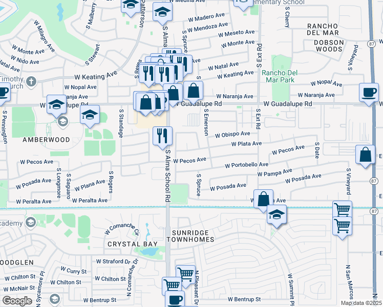 map of restaurants, bars, coffee shops, grocery stores, and more near 2927 South Spruce in Mesa