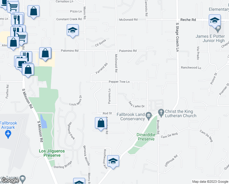 map of restaurants, bars, coffee shops, grocery stores, and more near 1537 McDonald Road in Fallbrook