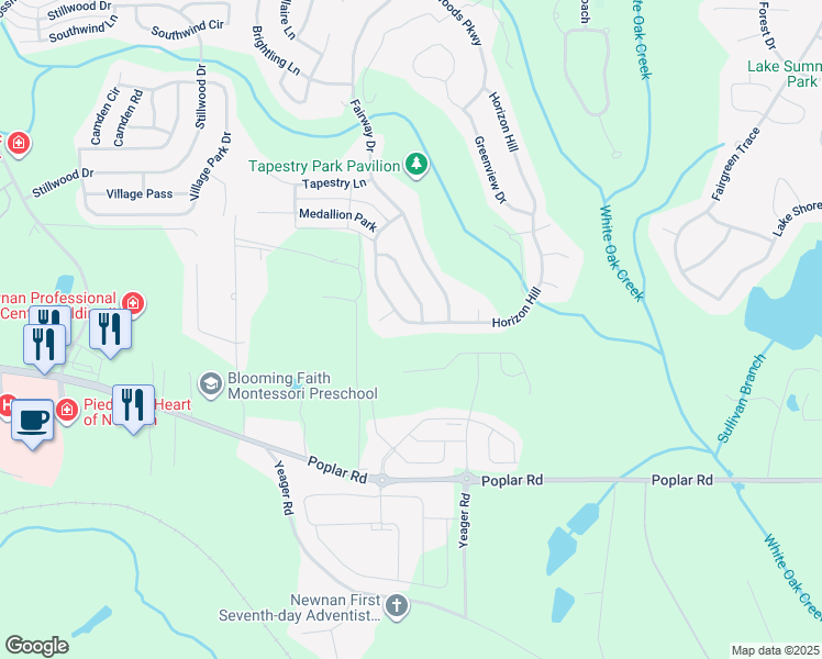 map of restaurants, bars, coffee shops, grocery stores, and more near 85 Horizon Hill in Newnan