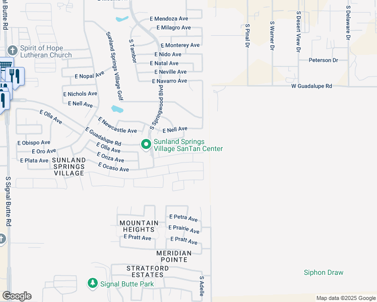 map of restaurants, bars, coffee shops, grocery stores, and more near 11452 East Olla Avenue in Mesa