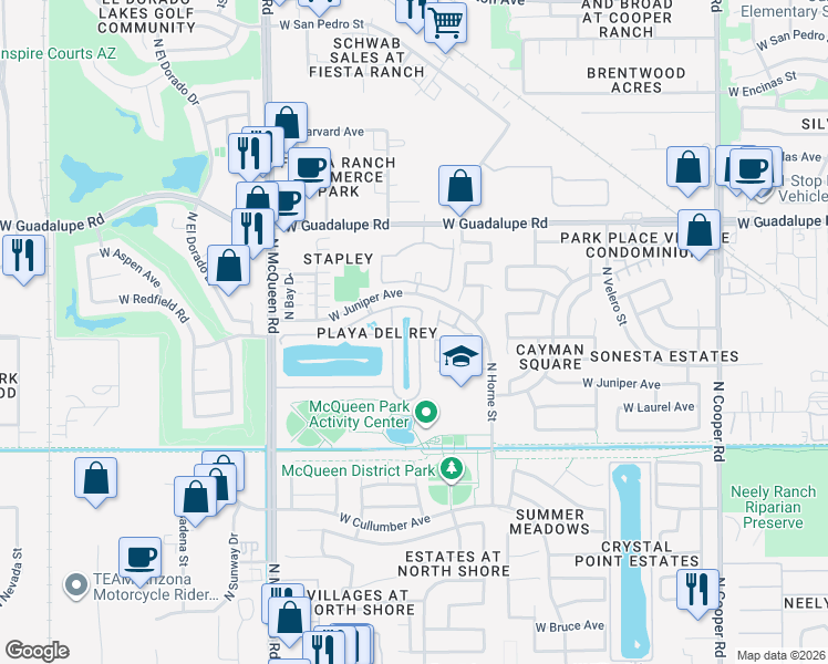 map of restaurants, bars, coffee shops, grocery stores, and more near 1371 West Laurel Avenue in Gilbert