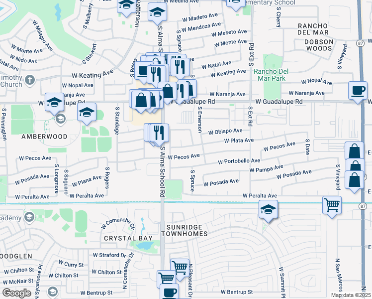 map of restaurants, bars, coffee shops, grocery stores, and more near 2927 South Spruce in Mesa