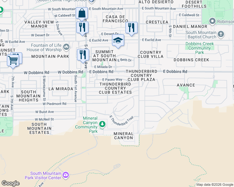 map of restaurants, bars, coffee shops, grocery stores, and more near 317 East La Mirada Drive in Phoenix