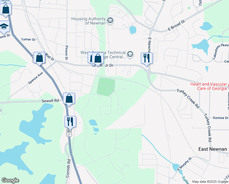map of restaurants, bars, coffee shops, grocery stores, and more near 80 Milton Avenue in Newnan