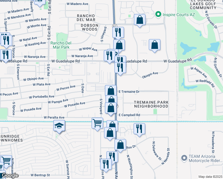 map of restaurants, bars, coffee shops, grocery stores, and more near 2900 South Country Club Drive in Mesa