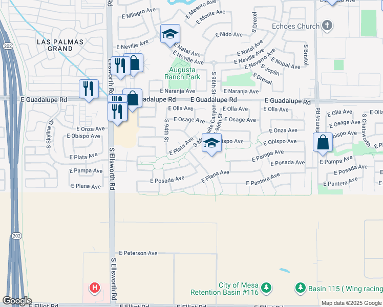map of restaurants, bars, coffee shops, grocery stores, and more near 5439 South Canyon Rim in Mesa