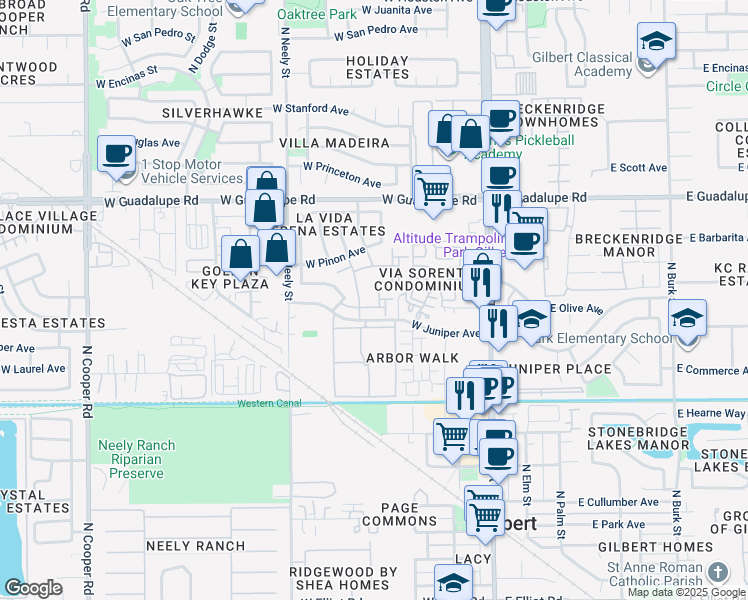 map of restaurants, bars, coffee shops, grocery stores, and more near 250 West Juniper Avenue in Gilbert