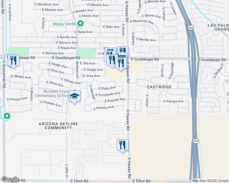 map of restaurants, bars, coffee shops, grocery stores, and more near 8248 East Plata Avenue in Mesa