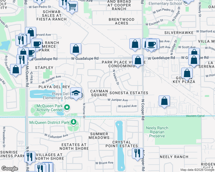 map of restaurants, bars, coffee shops, grocery stores, and more near 638 North Duffy Way in Gilbert