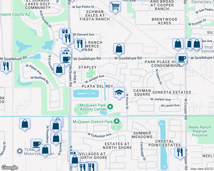 map of restaurants, bars, coffee shops, grocery stores, and more near 1371 West Laurel Avenue in Gilbert
