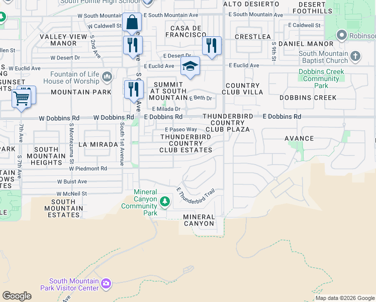 map of restaurants, bars, coffee shops, grocery stores, and more near 317 East La Mirada Drive in Phoenix