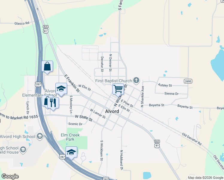 map of restaurants, bars, coffee shops, grocery stores, and more near 301 O'Neil Street in Alvord