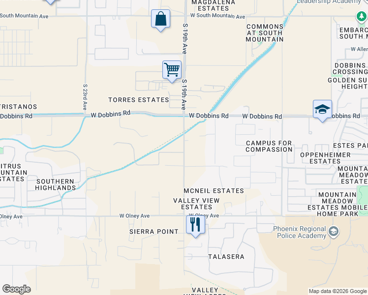 map of restaurants, bars, coffee shops, grocery stores, and more near 9420 South 19th Avenue in Phoenix