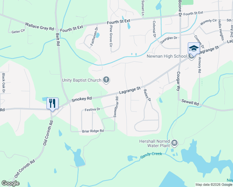 map of restaurants, bars, coffee shops, grocery stores, and more near 259 Lagrange Street in Newnan