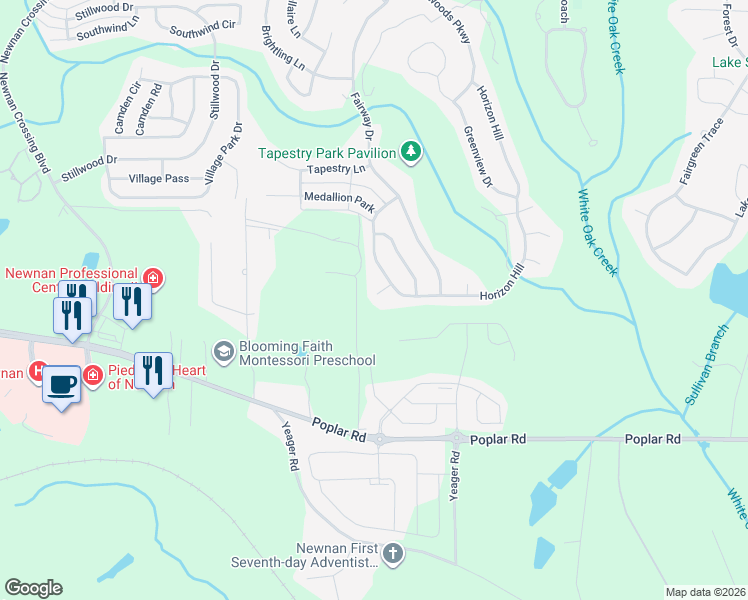 map of restaurants, bars, coffee shops, grocery stores, and more near 18 Winter Lane in Newnan