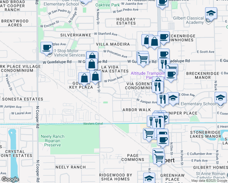 map of restaurants, bars, coffee shops, grocery stores, and more near 306 West Olive Avenue in Gilbert