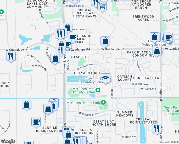 map of restaurants, bars, coffee shops, grocery stores, and more near 1408 West Heather Avenue in Gilbert