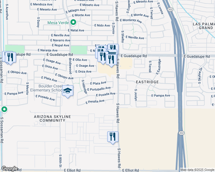 map of restaurants, bars, coffee shops, grocery stores, and more near 8248 East Plata Avenue in Mesa