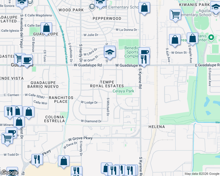 map of restaurants, bars, coffee shops, grocery stores, and more near 720 West Vaughn Street in Tempe