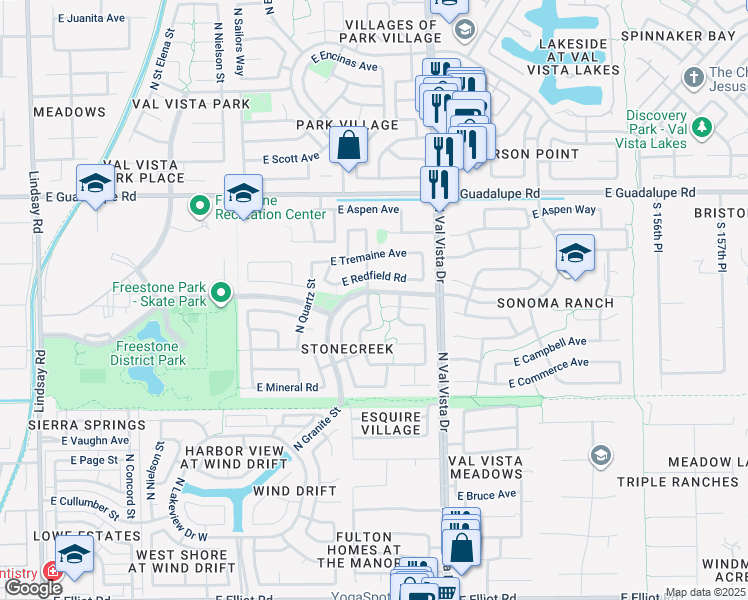 map of restaurants, bars, coffee shops, grocery stores, and more near 1451 East Redfield Road in Gilbert
