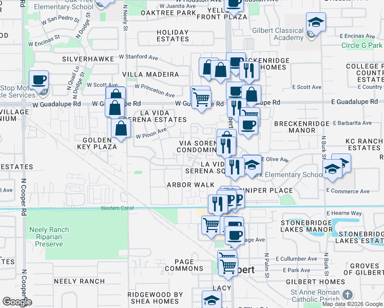 map of restaurants, bars, coffee shops, grocery stores, and more near 77 Juniper Avenue in Gilbert