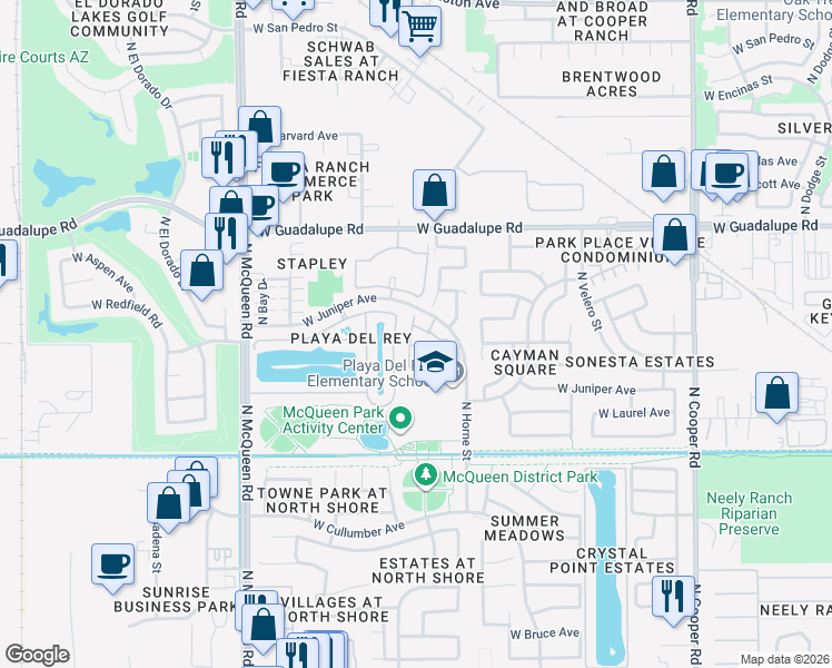 map of restaurants, bars, coffee shops, grocery stores, and more near 1303 West Juniper Avenue in Gilbert